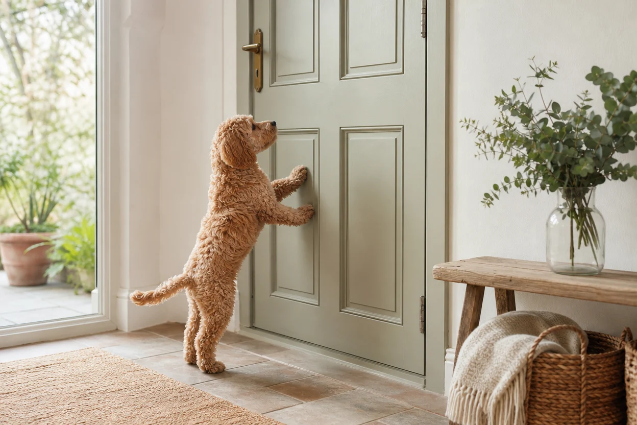 Cockapoo puppy waiting and pawing at a closed front door