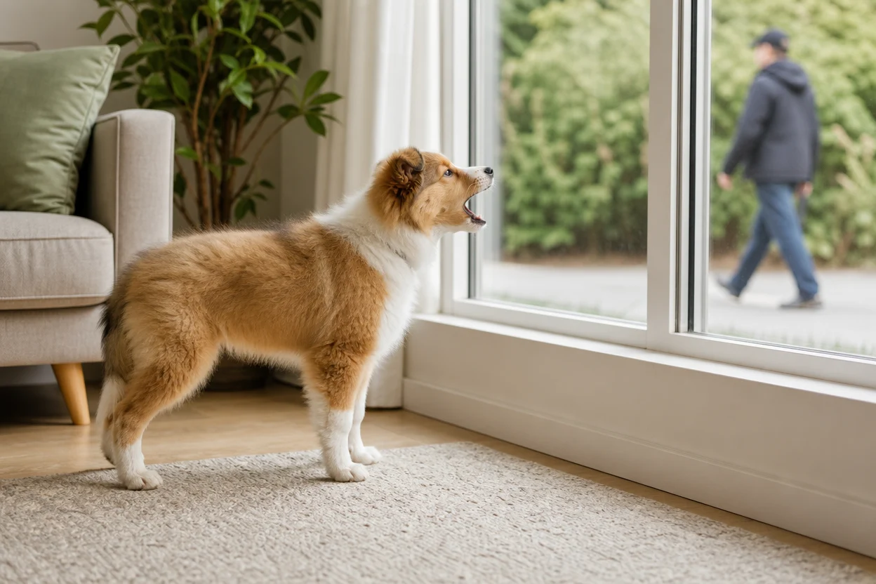 Sheltie puppy barking toward a passerby through a window