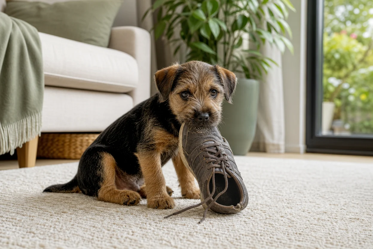 Terrier puppy chewing an owner’s shoe
