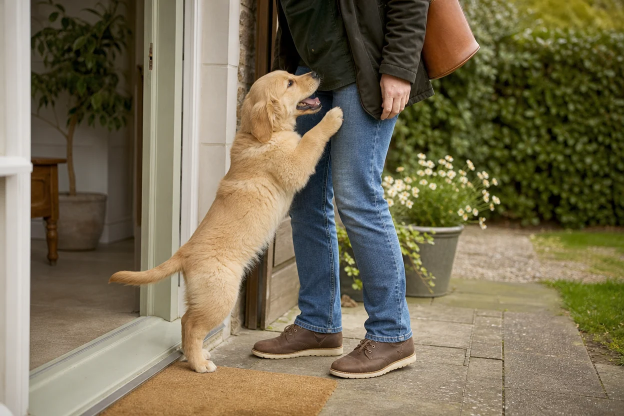 Golden puppy jumping up with front paws against a visitor’s legs