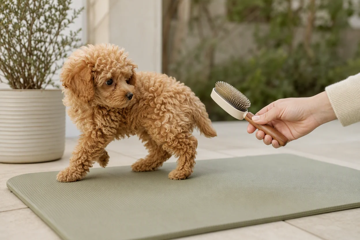 Poodle puppy moving away from a grooming brush