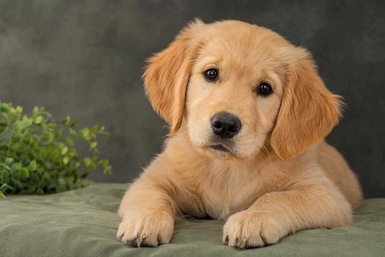 Golden retriever puppy resting with paws forward and a curious expression