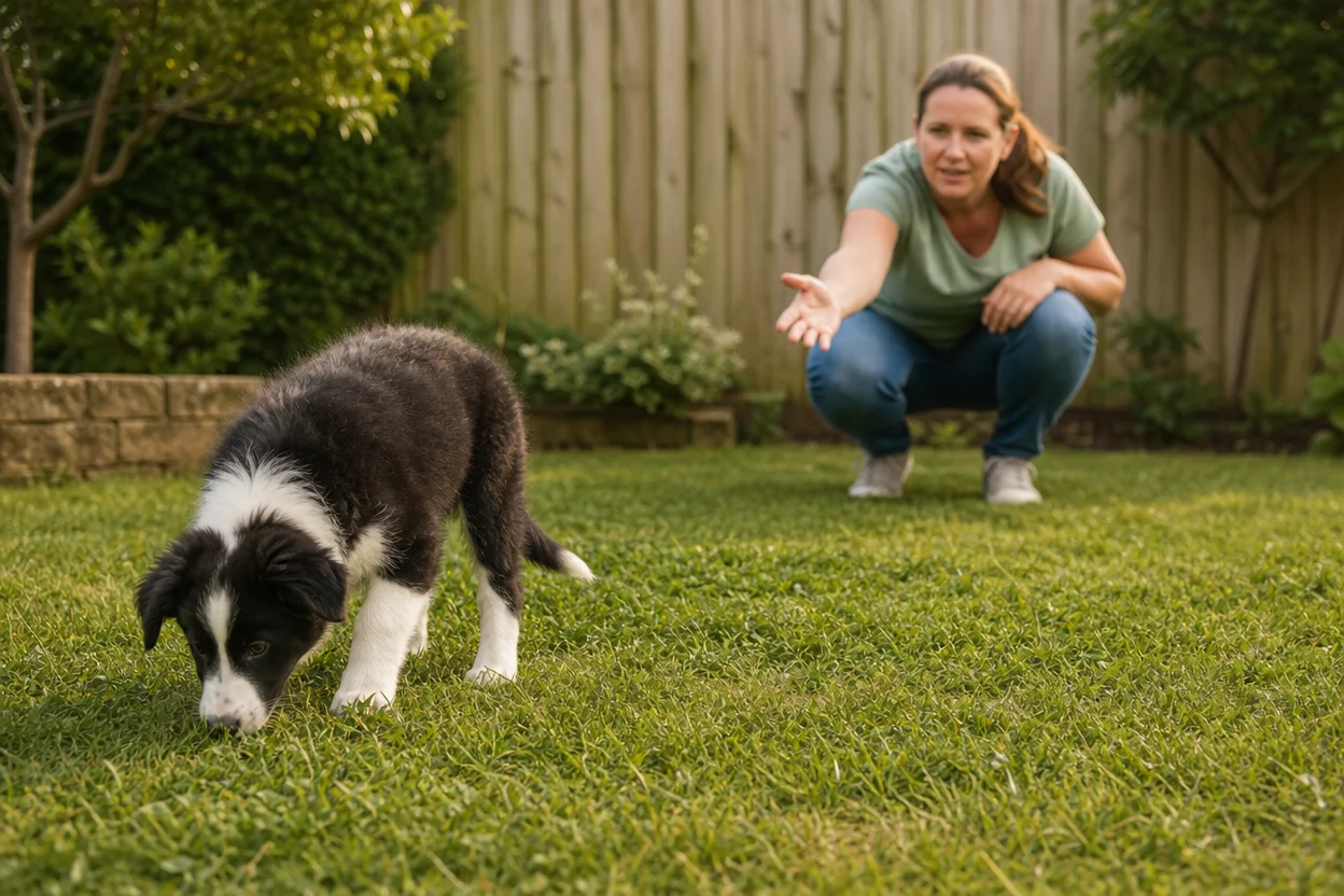 Border collie puppy sniffing grass instead of returning to its calling owner