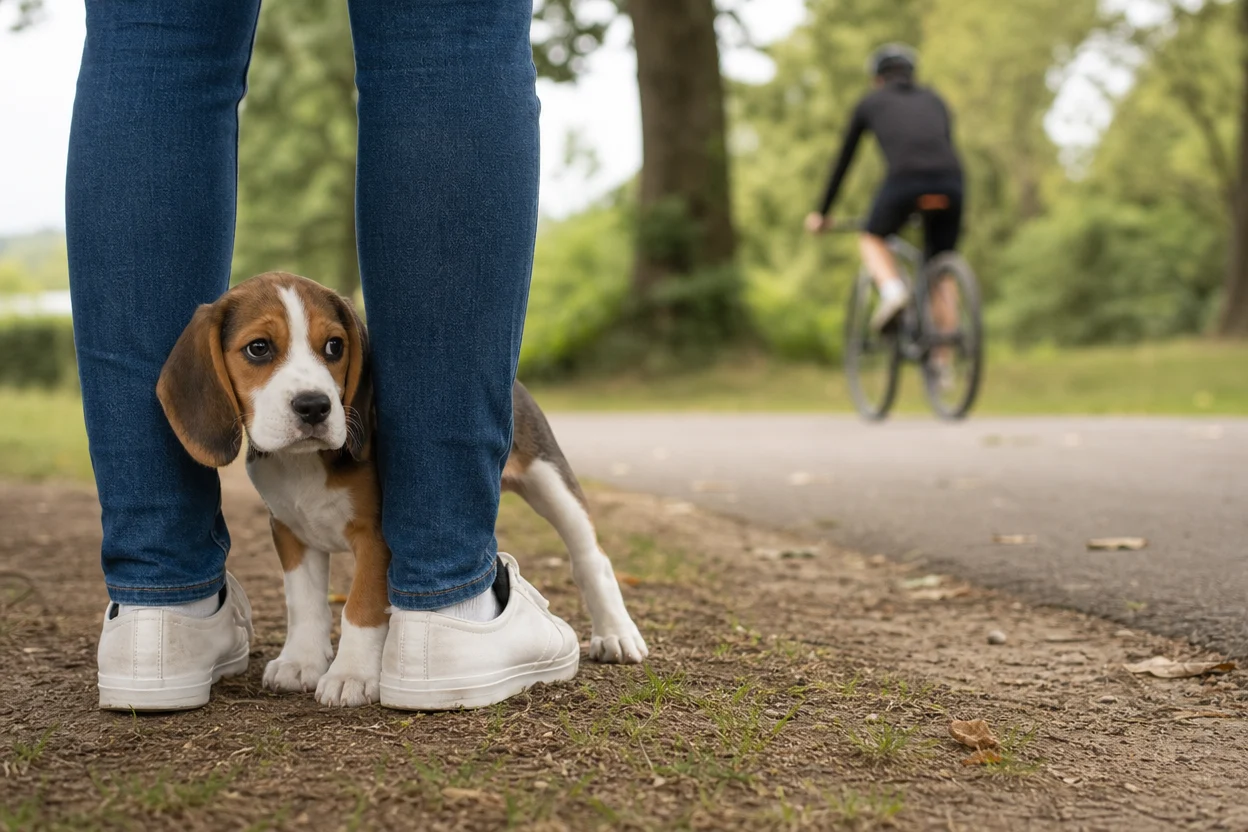 Beagle puppy hesitating behind its owner’s legs near a passing bicycle