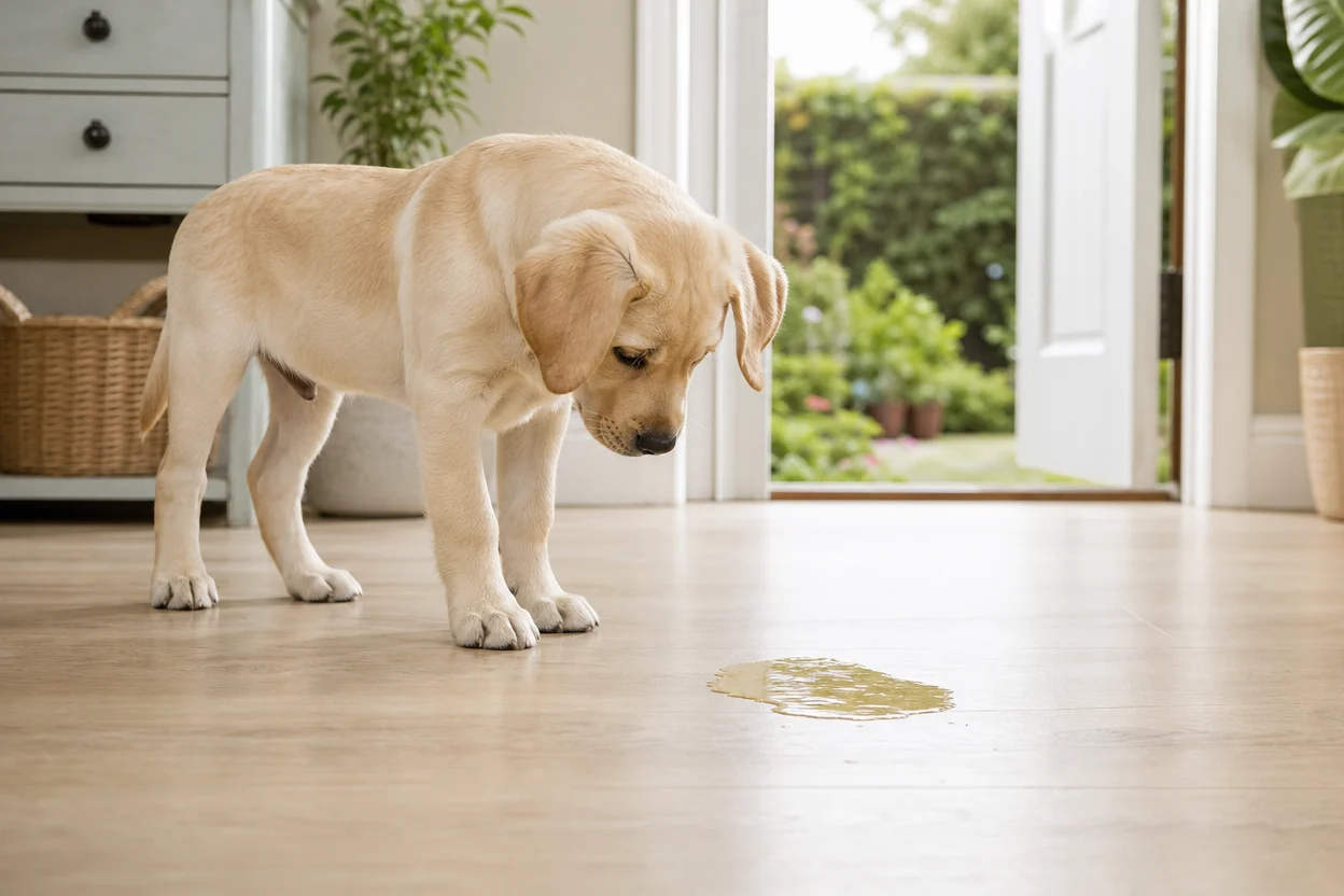 Puppy beside an indoor toilet puddle on a wooden floor
