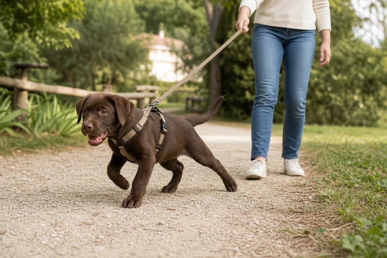 Labrador puppy pulling forward on a taut lead