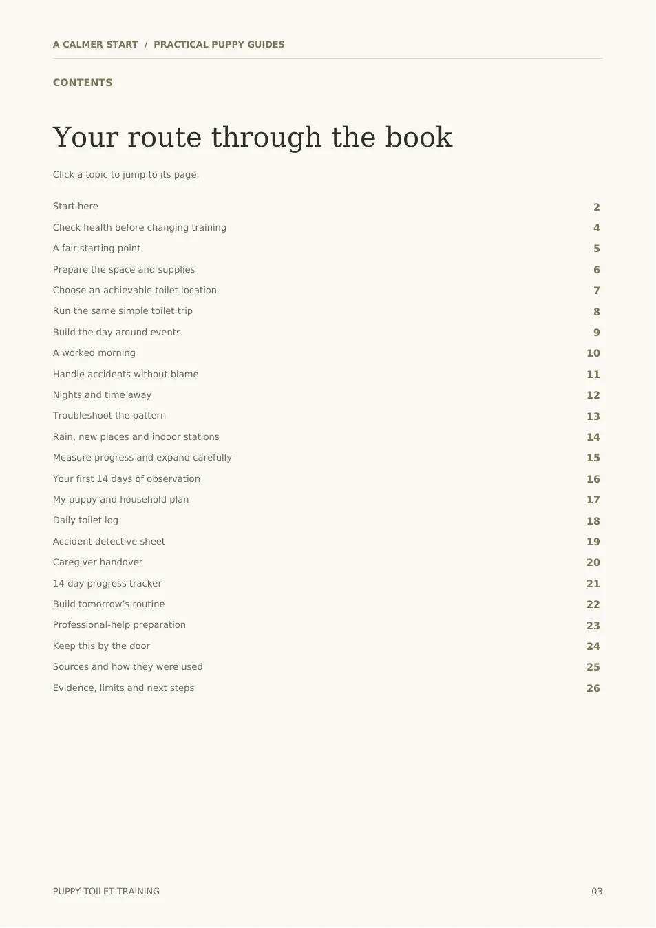 Actual toilet-training contents page